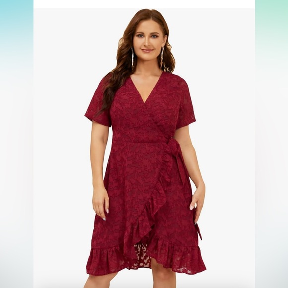 New-Burgundy Short Sleeve Wrap Ruffle Midi Dresses 4XL - Picture 2 of 9